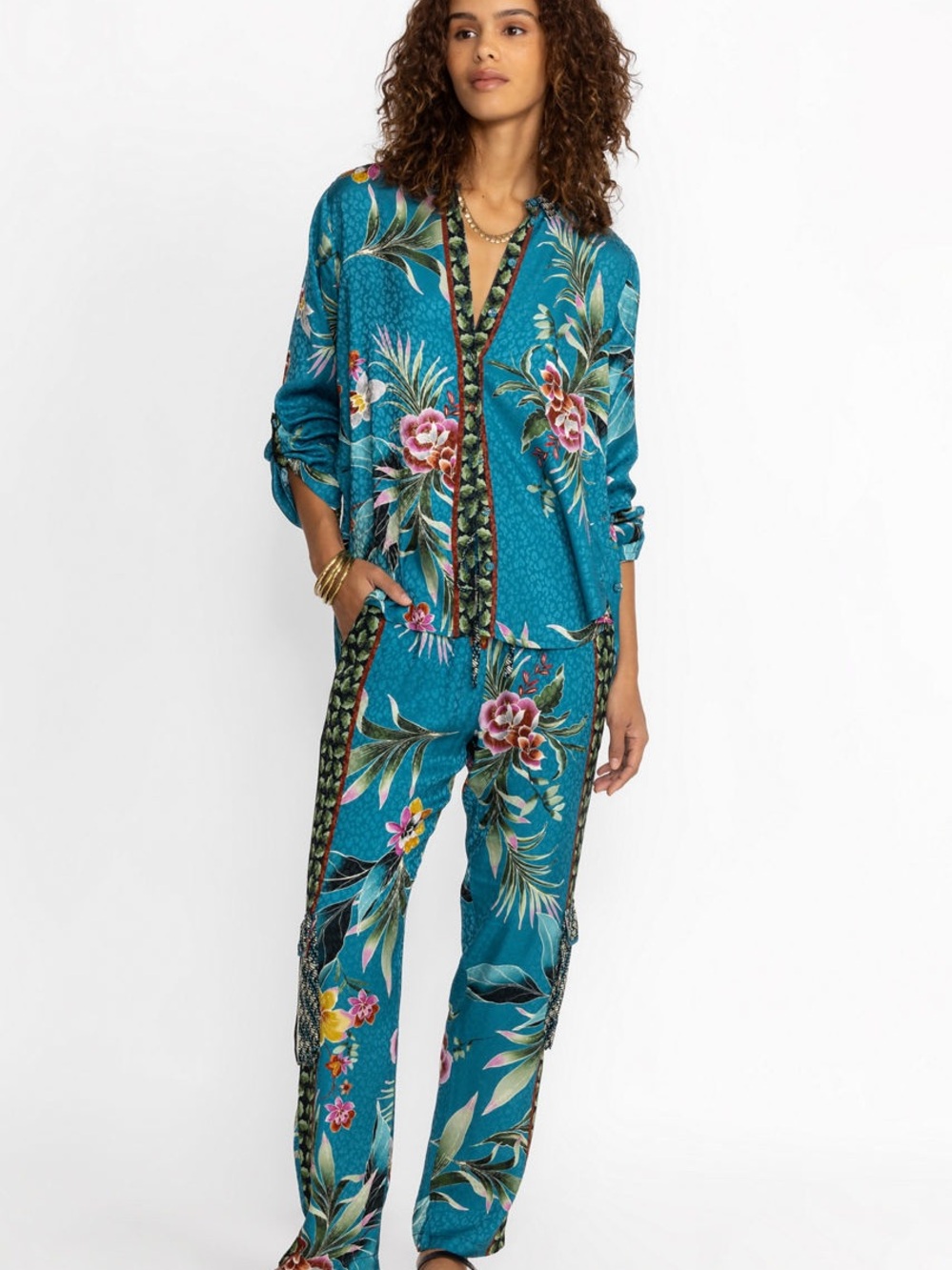 Johnny Was Teal Tropical Floral Cargo Pants, Size M